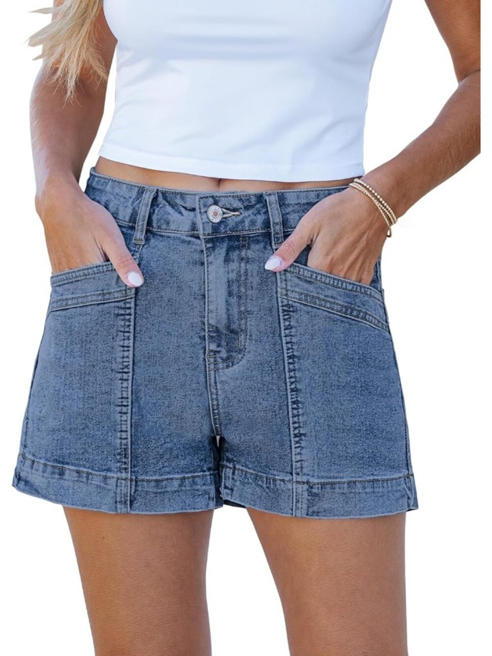 Women's Blue High Waisted Stretchy Denim Jorts Stylish Shorts With Pockets